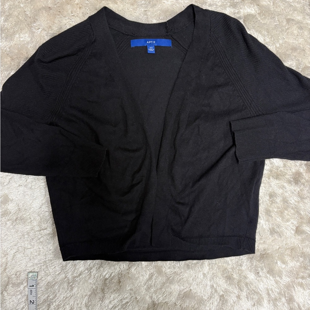 Women's lightweight 3/4 sleeve cropped open front black textured cardigan-XS